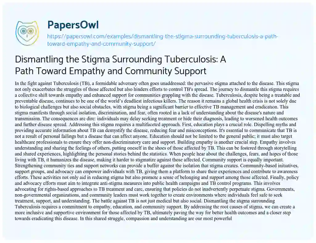 Essay on Dismantling the Stigma Surrounding Tuberculosis: a Path Toward Empathy and Community Support