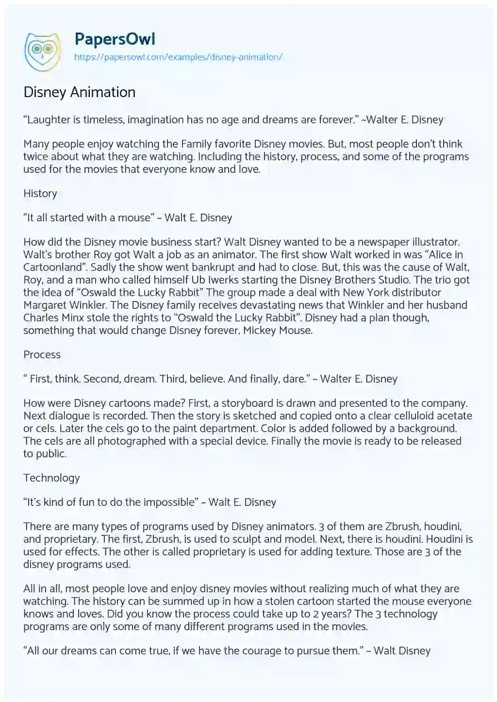 Disney Animation - Free Essay Example - 405 Words 