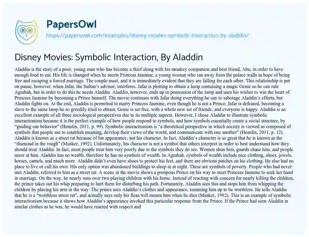 Essay on Disney Movies: Symbolic Interaction, by Aladdin