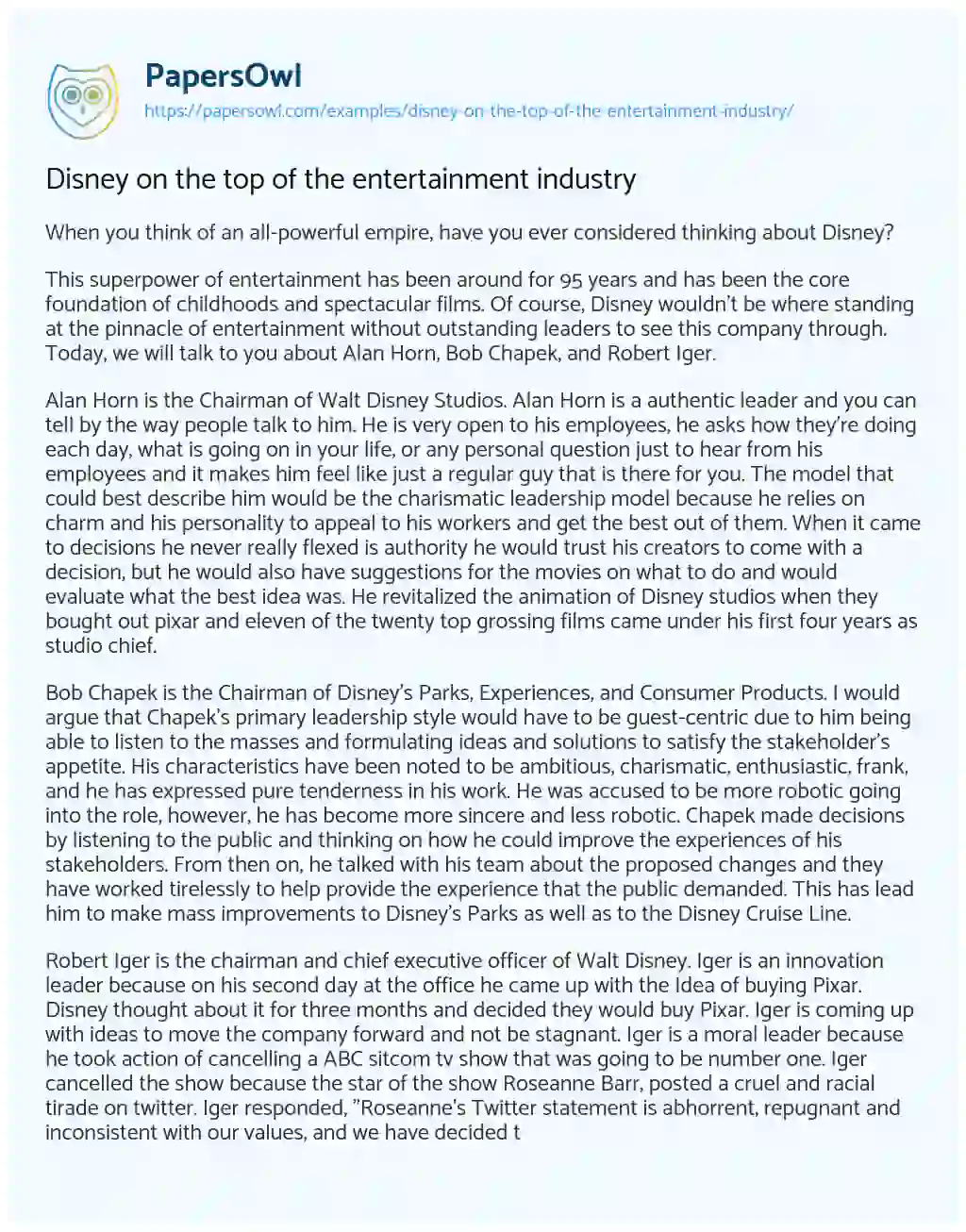 Essay on Disney on the Top of the Entertainment Industry