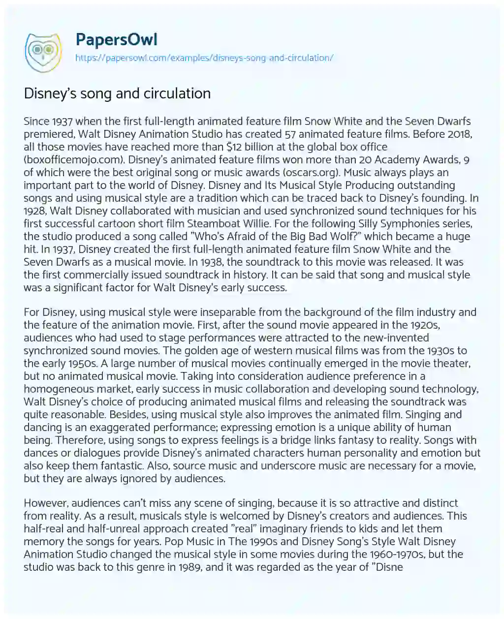 Essay on Disney’s Song and Circulation