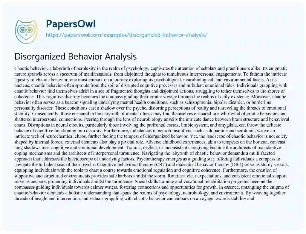 Essay on Disorganized Behavior Analysis