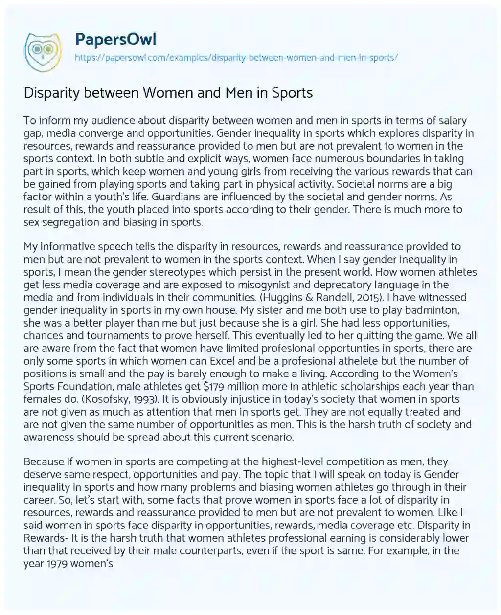 Essay on Disparity between Women and Men in Sports