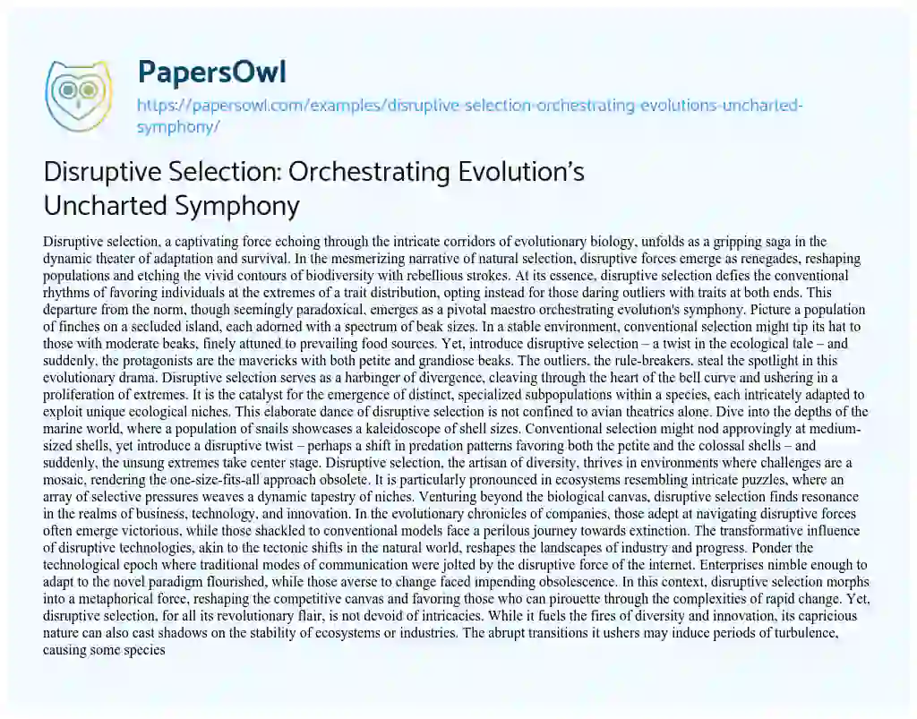 Essay on Disruptive Selection: Orchestrating Evolution’s Uncharted Symphony