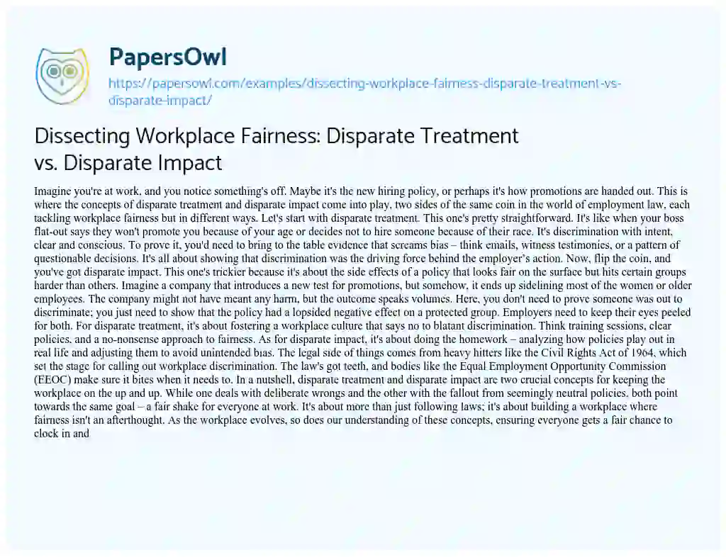 Essay on Dissecting Workplace Fairness: Disparate Treatment Vs. Disparate Impact