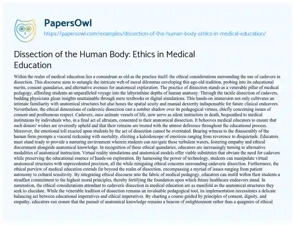Essay on Dissection of the Human Body: Ethics in Medical Education