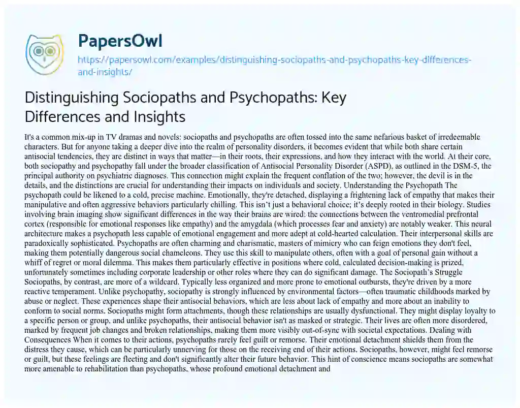 Essay on Distinguishing Sociopaths and Psychopaths: Key Differences and Insights