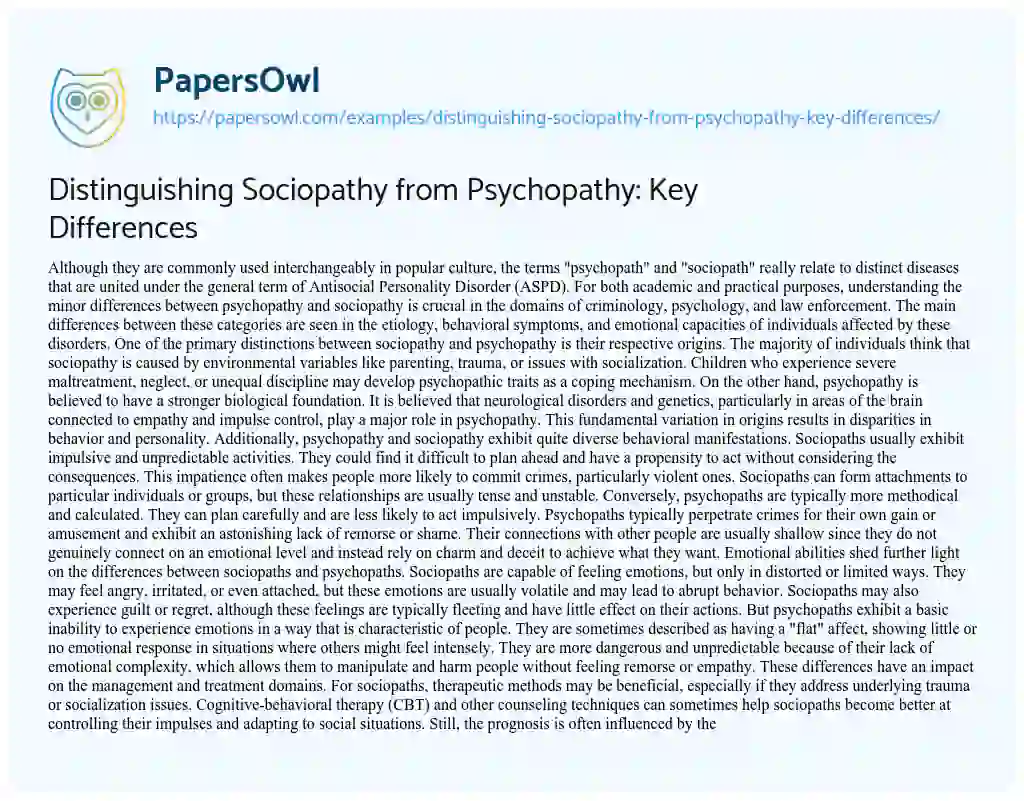 Essay on Distinguishing Sociopathy from Psychopathy: Key Differences