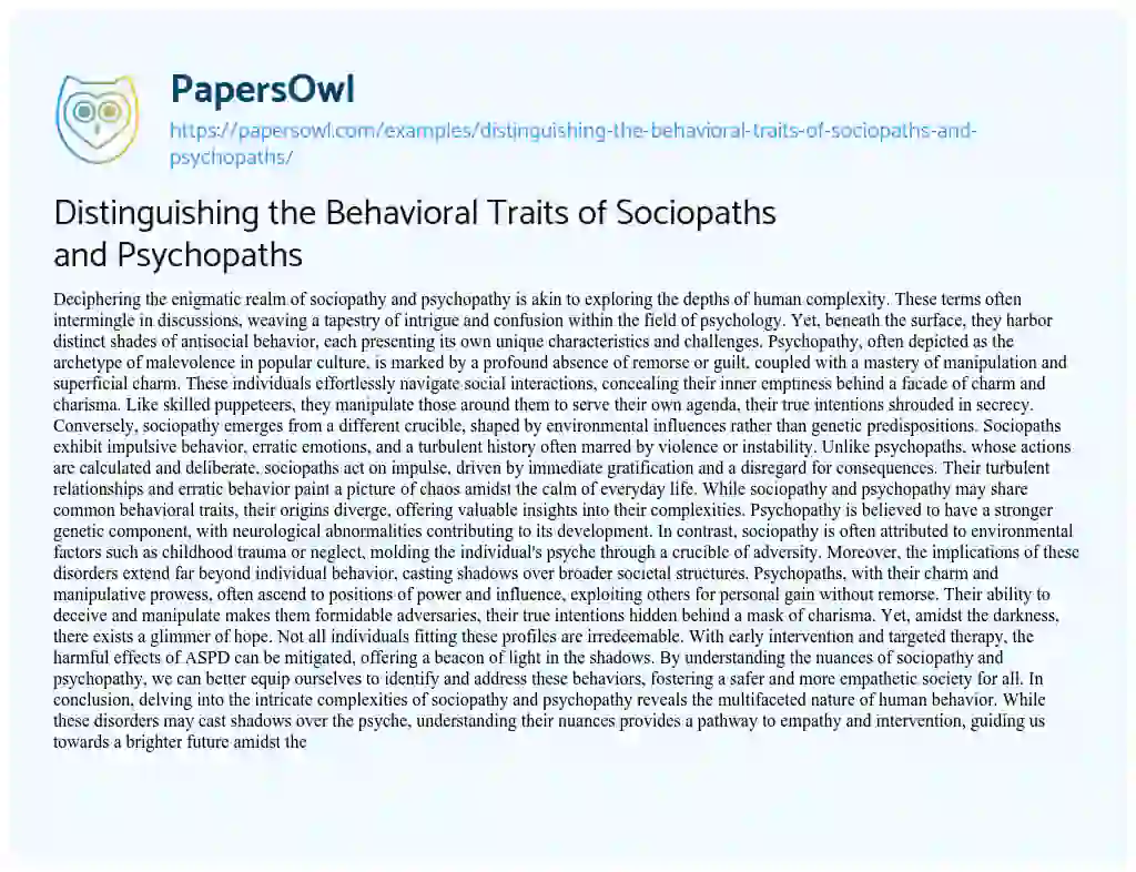 Essay on Distinguishing the Behavioral Traits of Sociopaths and Psychopaths