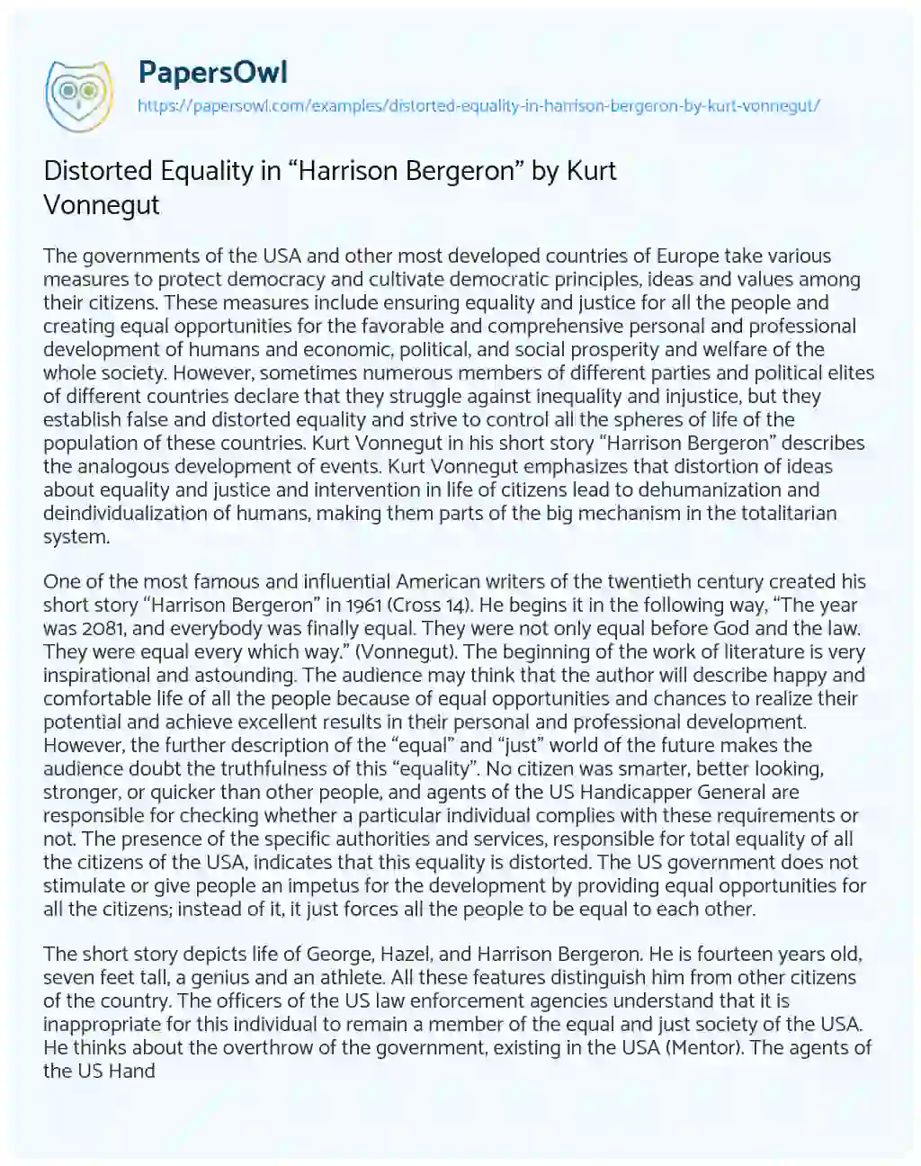 Distorted Equality in “Harrison Bergeron” by Kurt Vonnegut essay