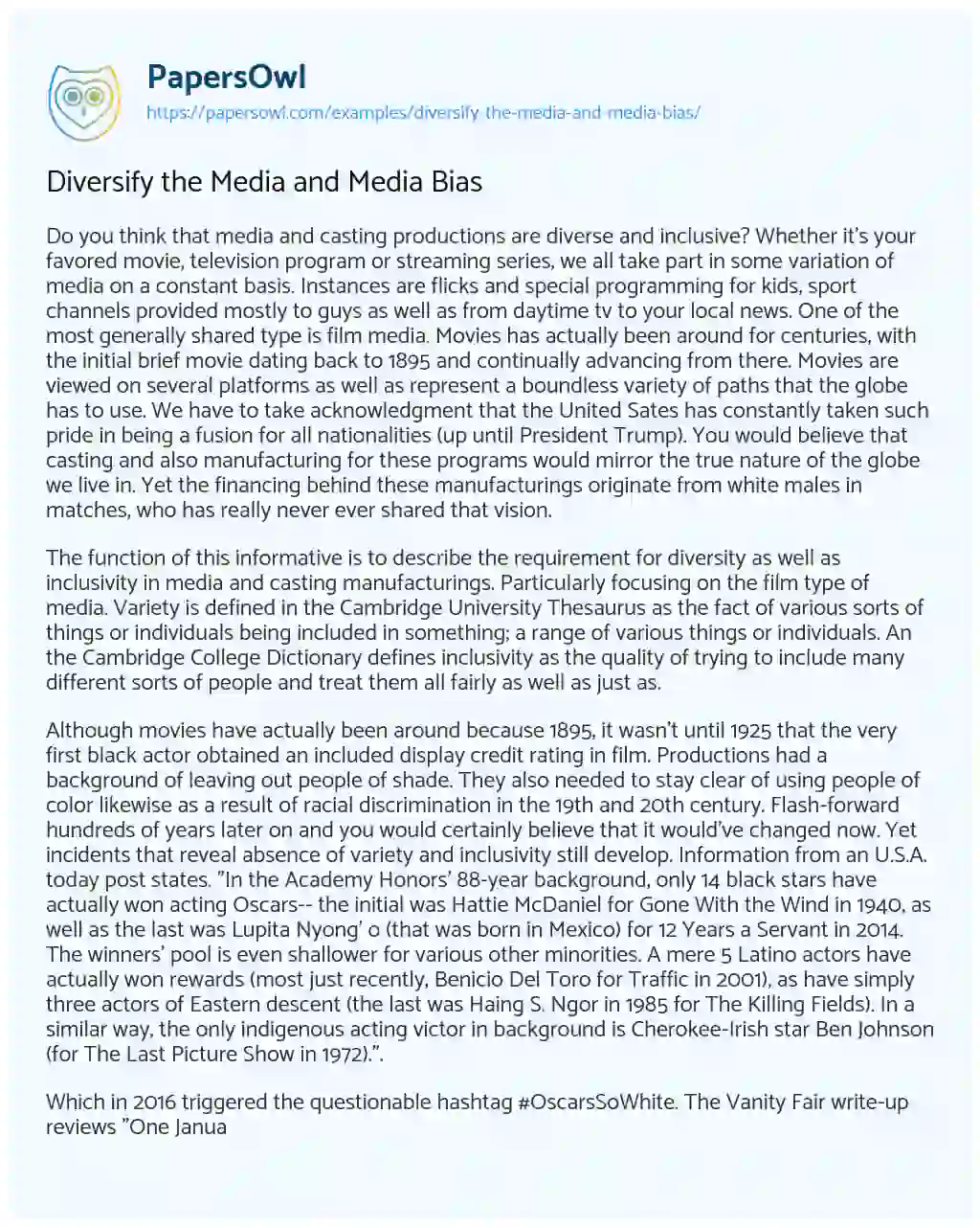 Essay on Diversify the Media and Media Bias