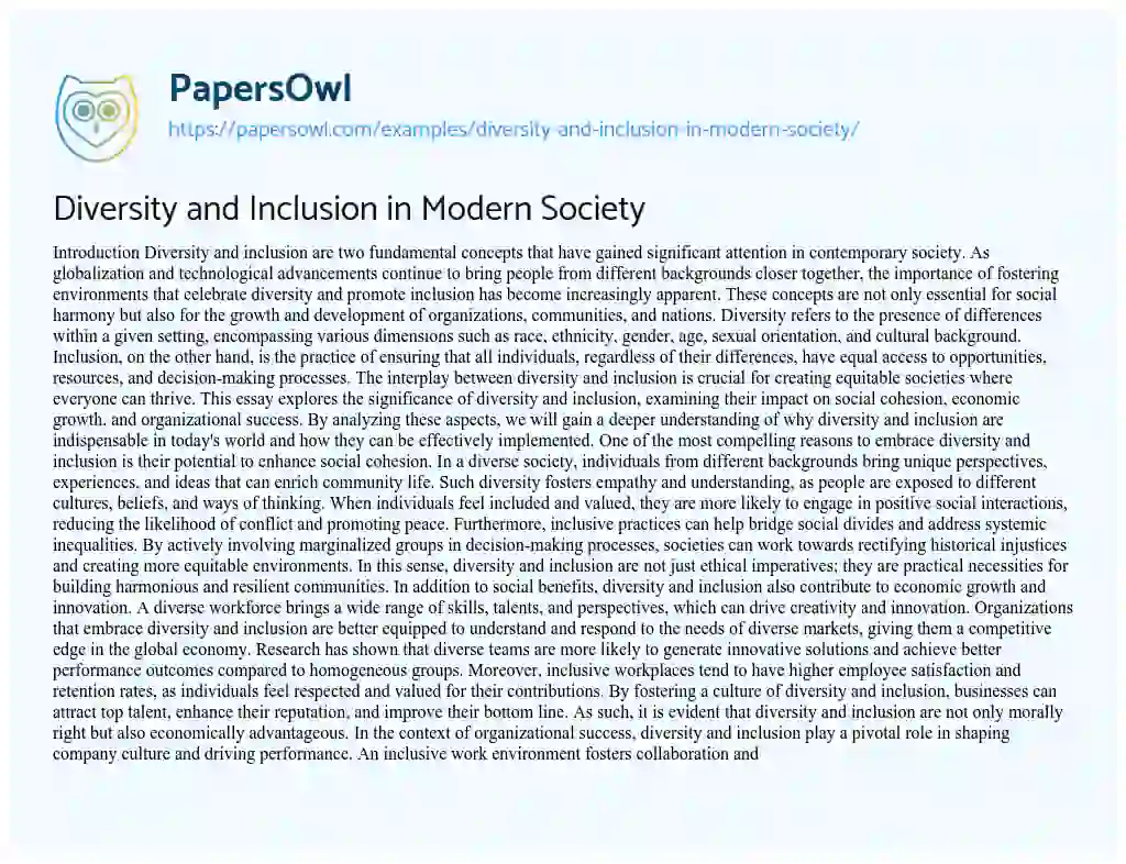 Essay on Diversity and Inclusion in Modern Society