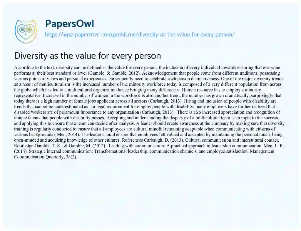 Essay on Diversity as the Value for Every Person