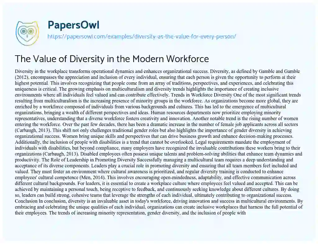 Essay on Diversity as the Value for Every Person