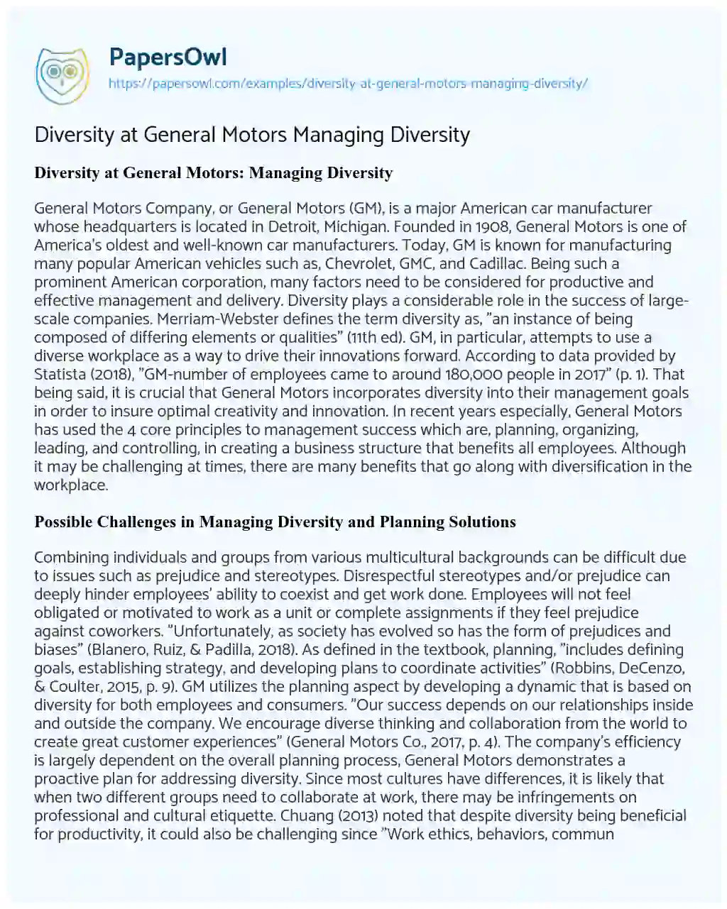Essay on Diversity at General Motors Managing Diversity