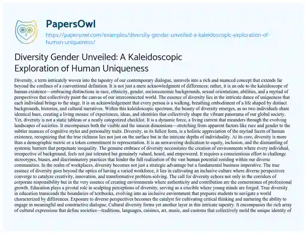 Essay on Diversity Gender Unveiled: a Kaleidoscopic Exploration of Human Uniqueness
