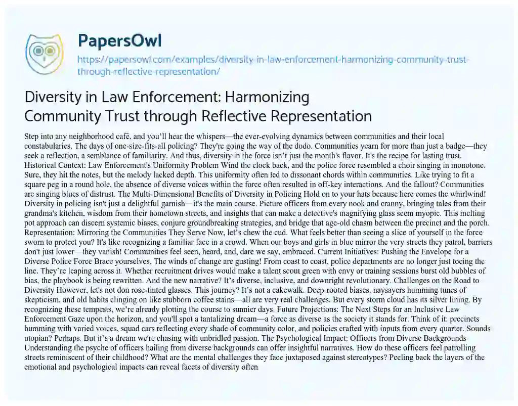 Essay on Diversity in Law Enforcement: Harmonizing Community Trust through Reflective Representation