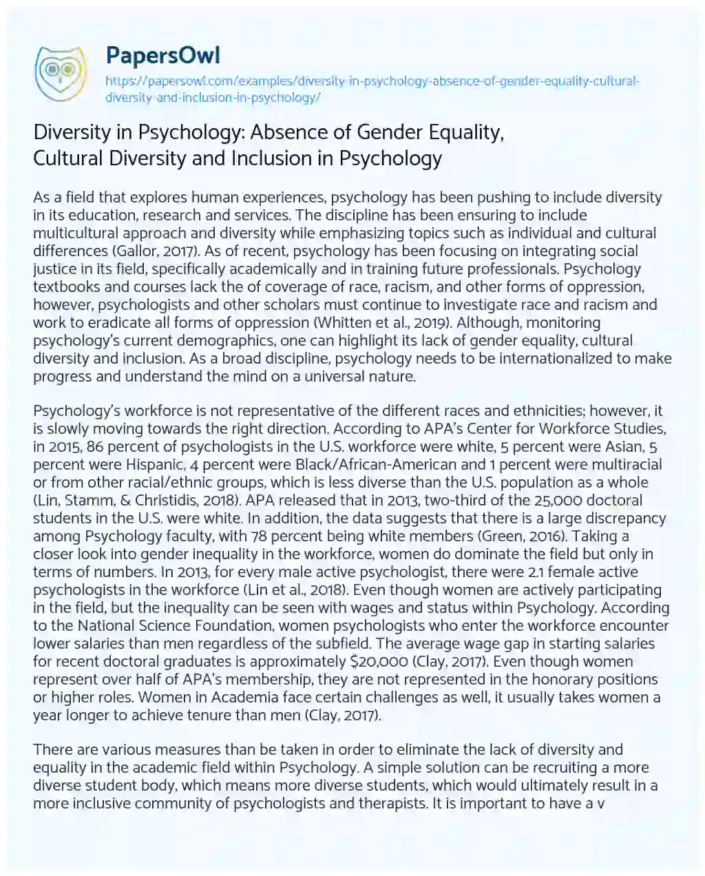 Diversity in Psychology: Absence of Gender Equality, Cultural Diversity and Inclusion in Psychology essay