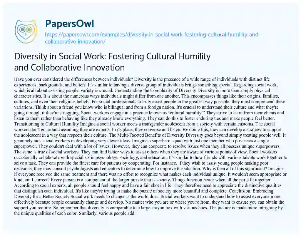 Essay on Diversity in Social Work: Fostering Cultural Humility and Collaborative Innovation