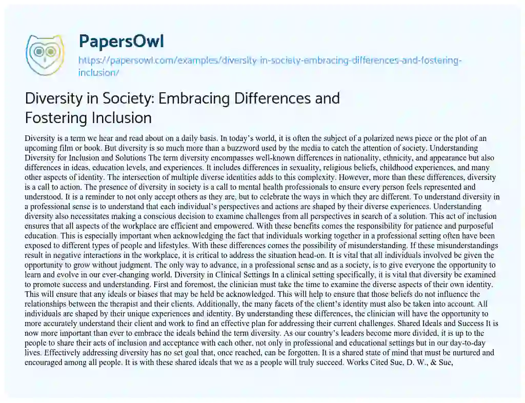 Essay on Diversity in Society: Embracing Differences and Fostering Inclusion