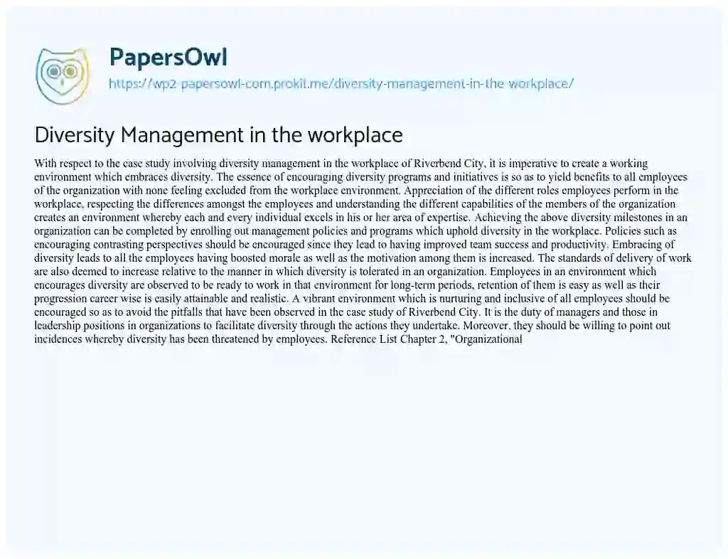 Essay on Diversity Management in the Workplace