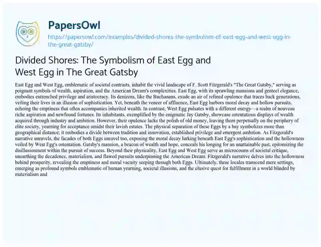 Essay on Divided Shores: the Symbolism of East Egg and West Egg in the Great Gatsby