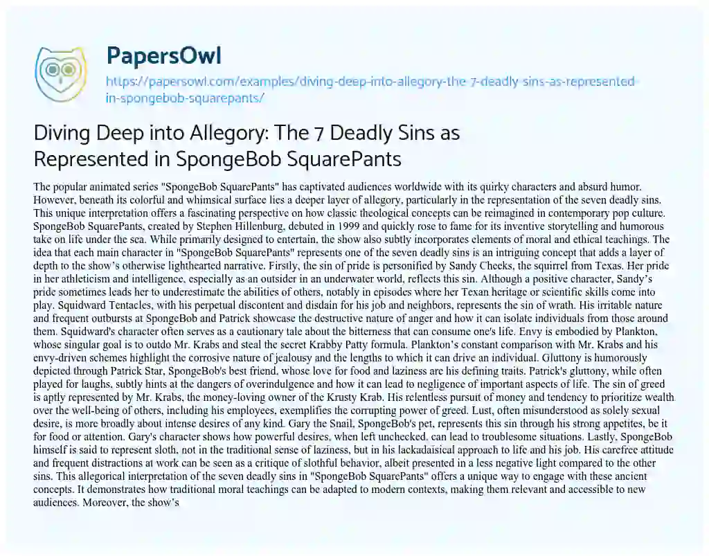 Essay on Diving Deep into Allegory: the 7 Deadly Sins as Represented in SpongeBob SquarePants