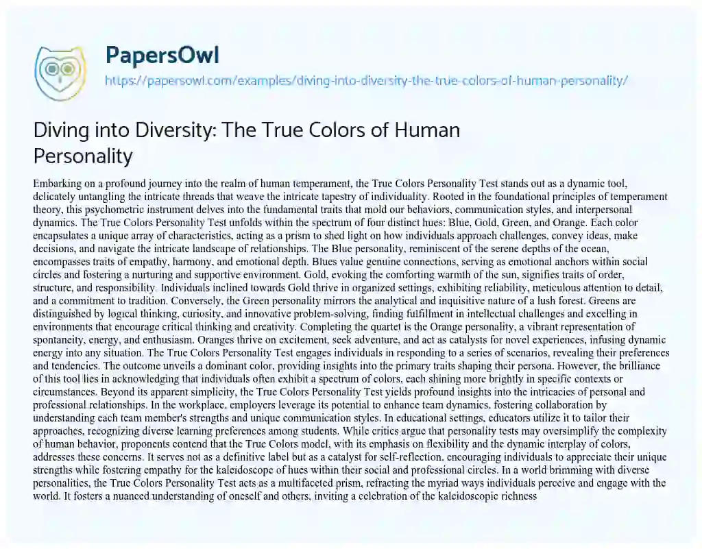 Essay on Diving into Diversity: the True Colors of Human Personality
