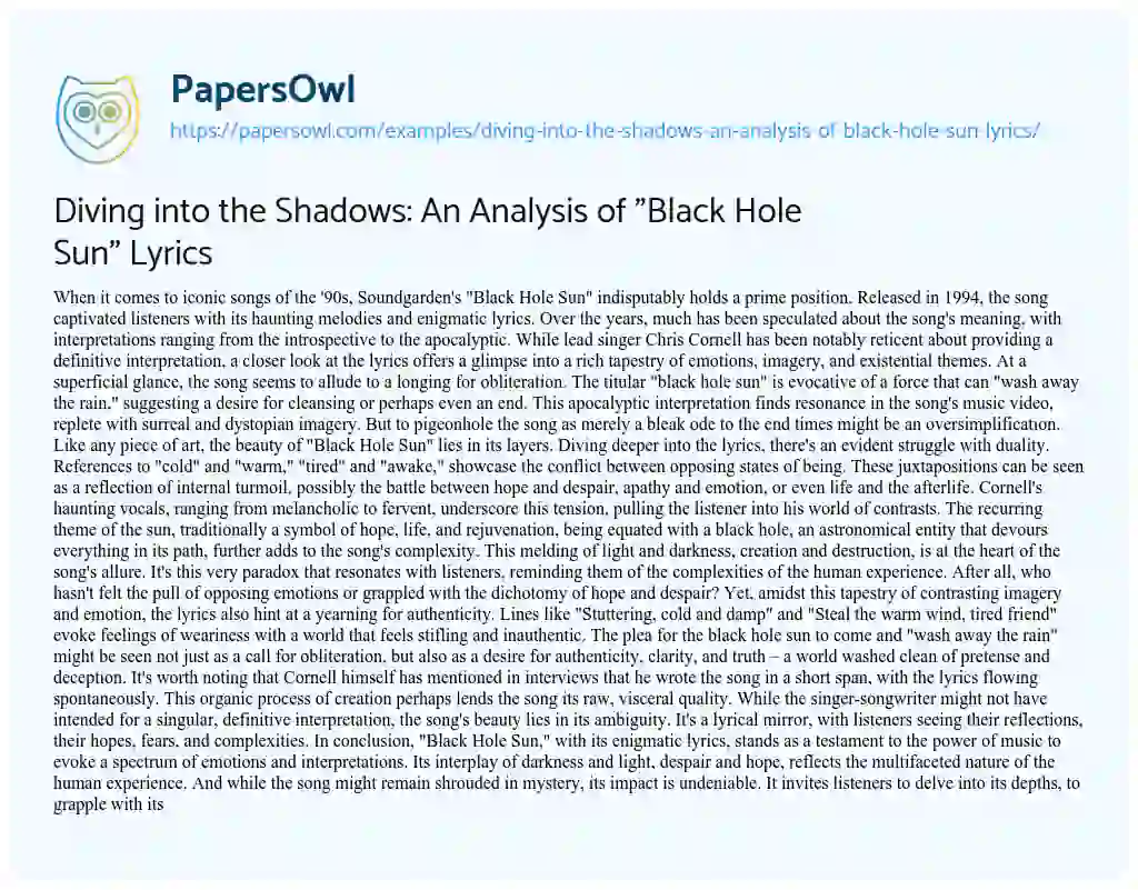 Essay on Diving into the Shadows: an Analysis of “Black Hole Sun” Lyrics