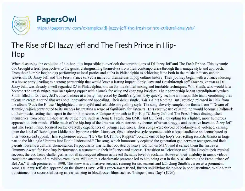 Essay on DJ Jazzy Jeff the Fresh Prince Cultural Analysis