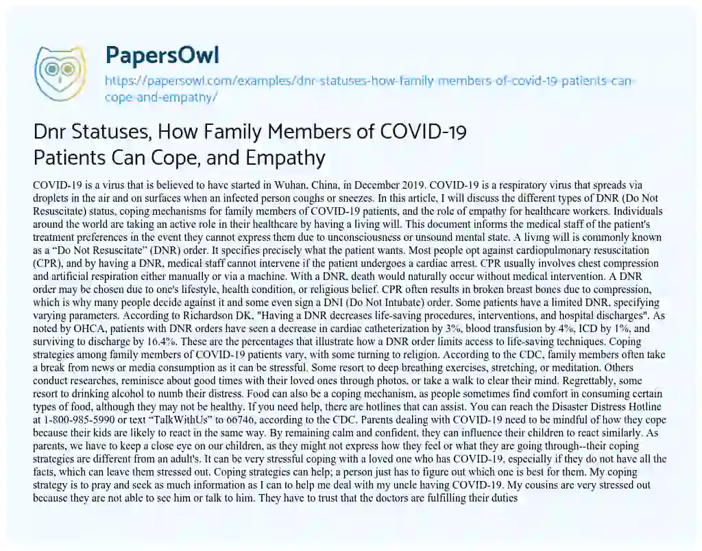 Essay on Dnr Statuses, how Family Members of COVID-19 Patients Can Cope, and Empathy