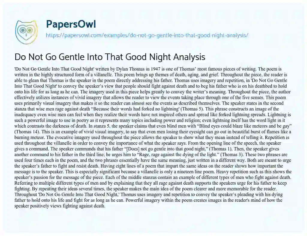 Essay on Do not Go Gentle into that Good Night Analysis