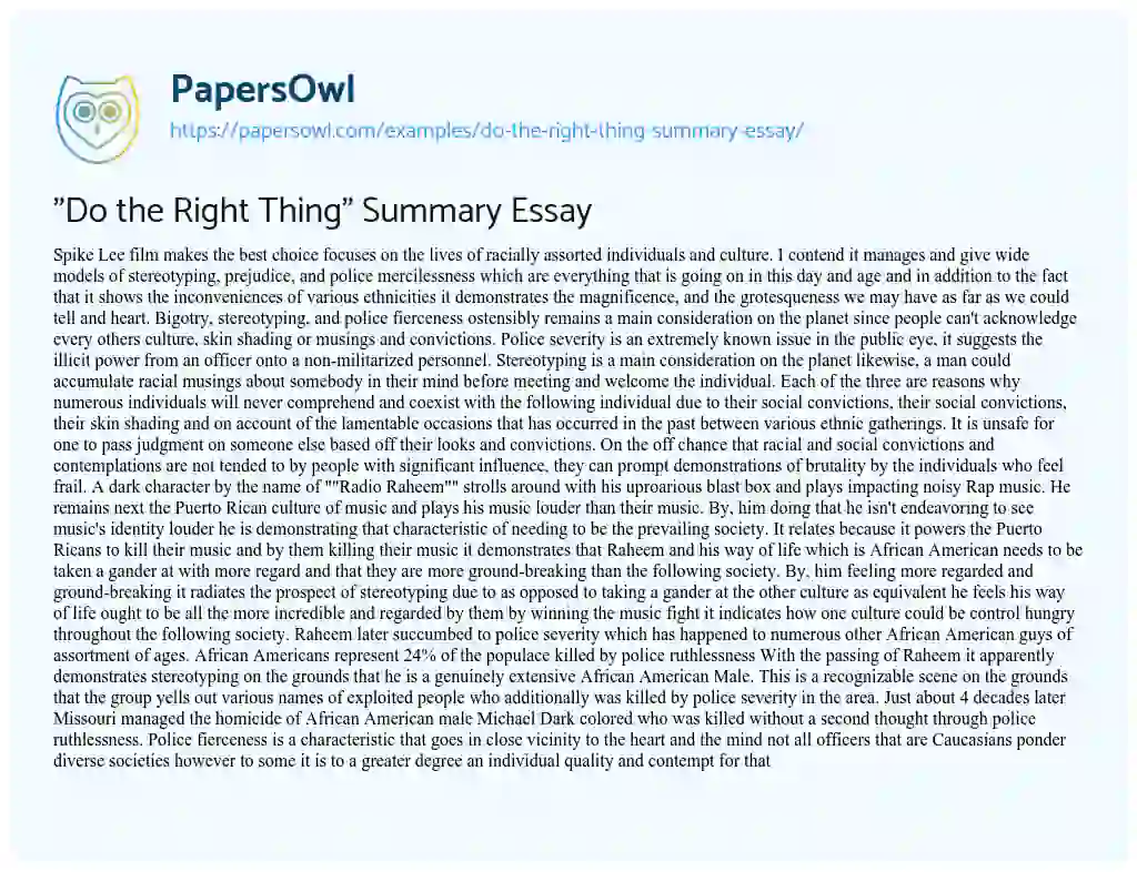 Essay on “Do the Right Thing” Summary Essay