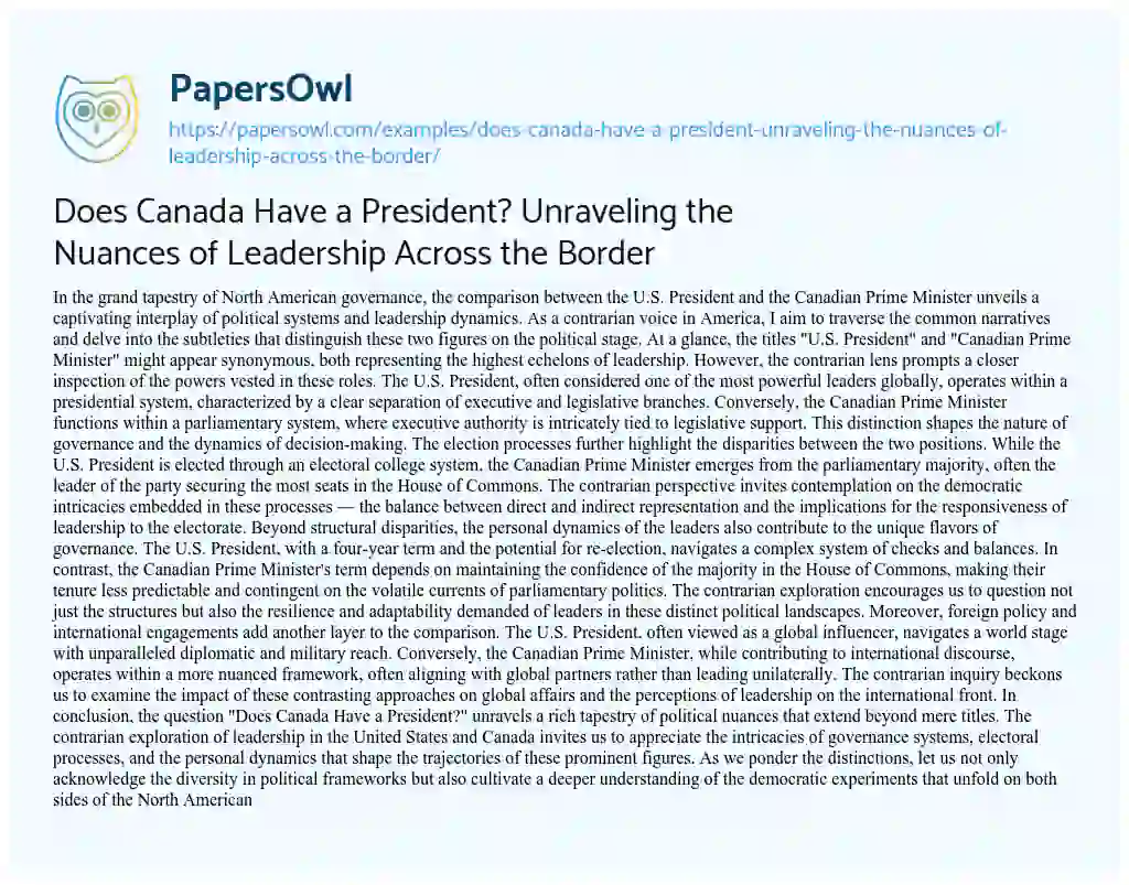 Essay on Does Canada have a President? Unraveling the Nuances of Leadership Across the Border