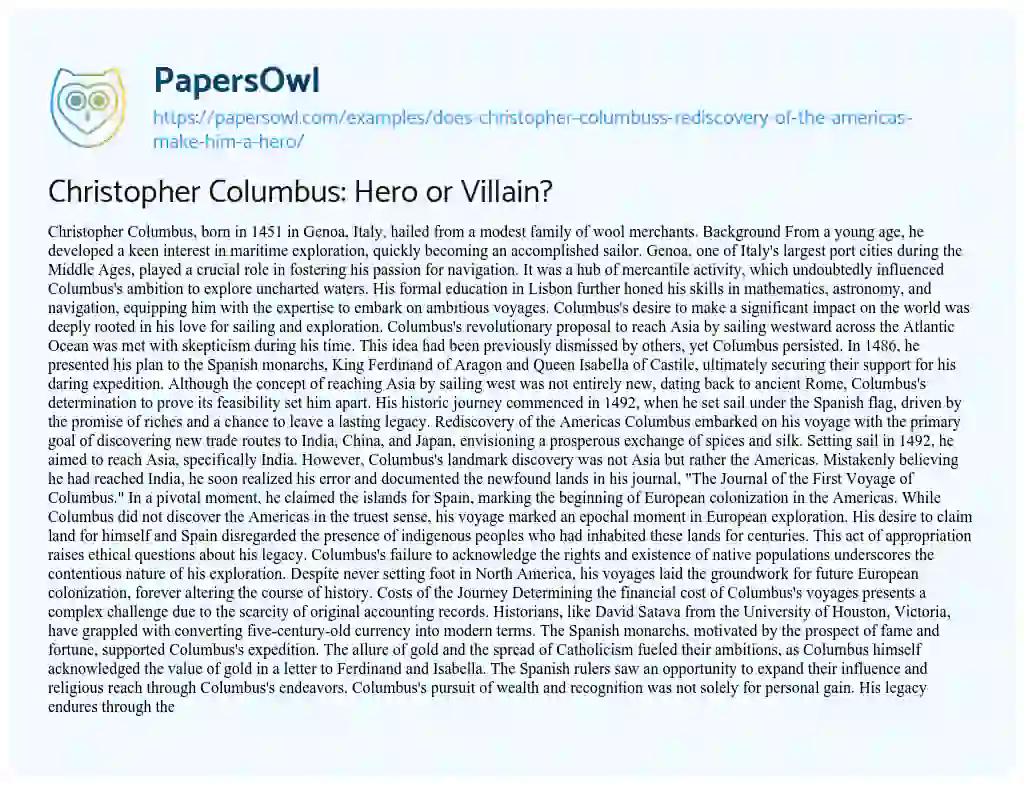 Essay on Does Christopher Columbus’s Rediscovery of the America’s Make him a Hero?