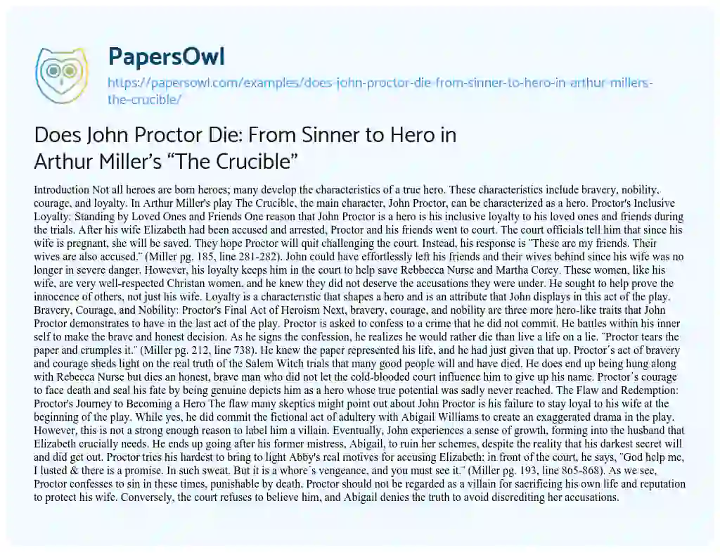 Essay on Does John Proctor Die: from Sinner to Hero in Arthur Miller’s “The Crucible”