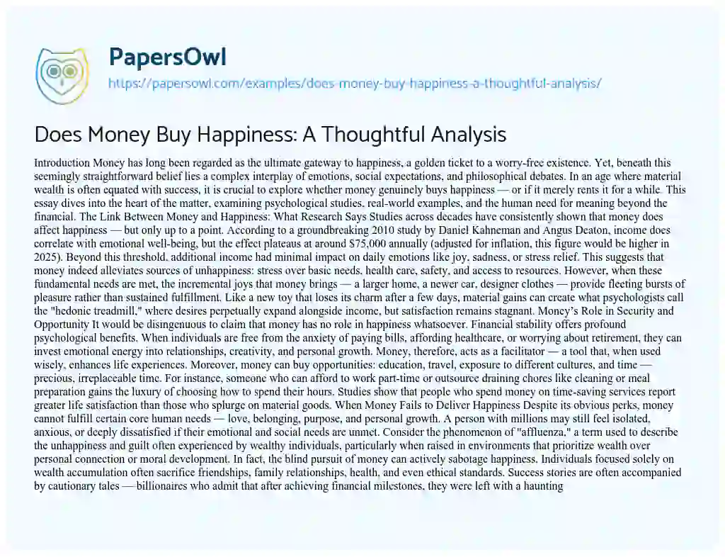 Essay on Does Money Buy Happiness: A Thoughtful Analysis