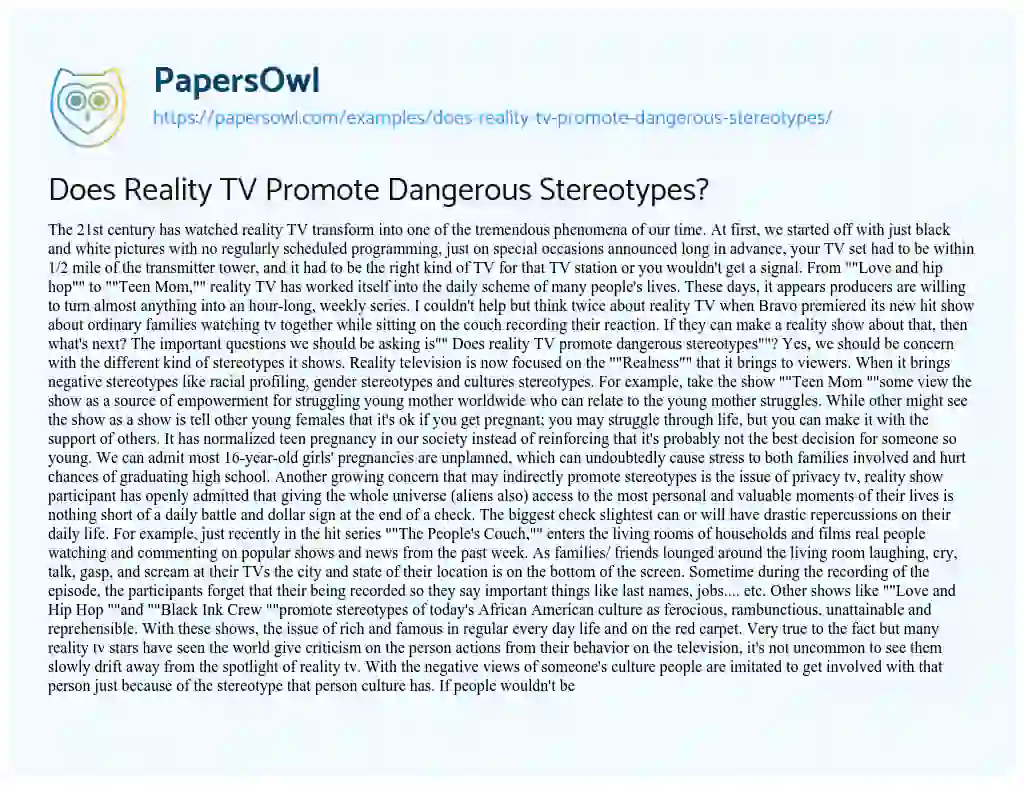 Essay on Does Reality TV Promote Dangerous Stereotypes?
