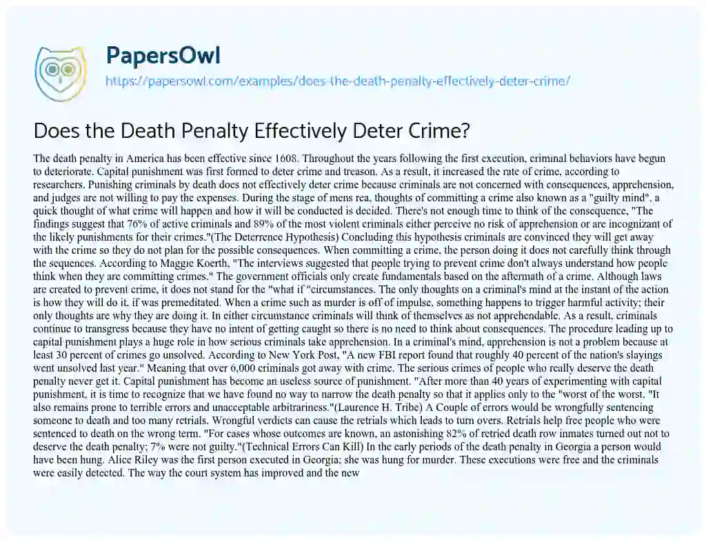 Essay on Does the Death Penalty Effectively Deter Crime?