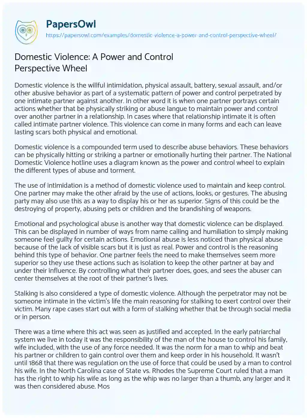 Domestic Violence: a Power and Control Perspective Wheel essay