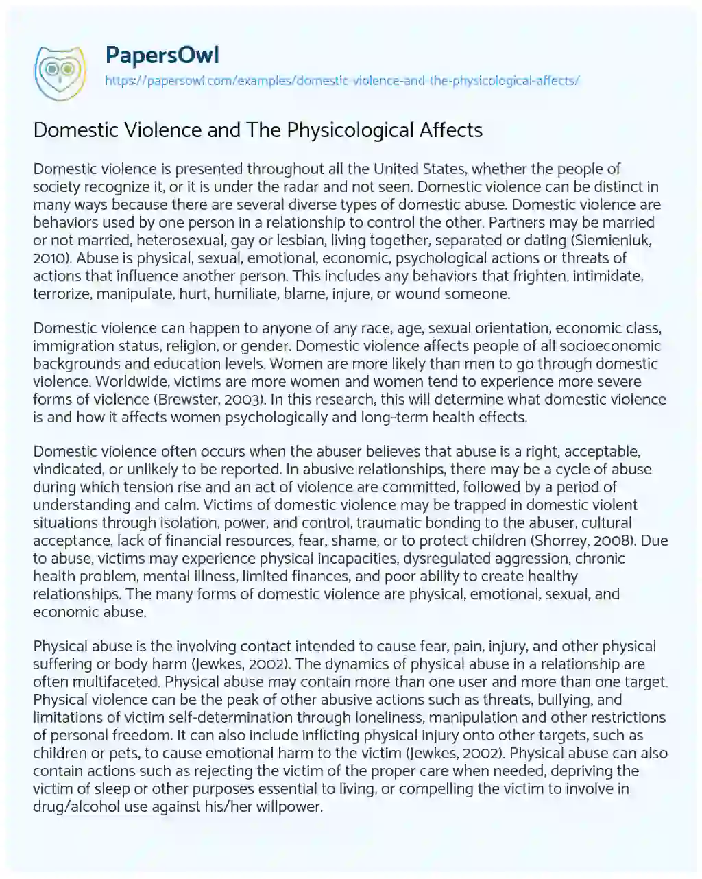 Essay on Domestic Violence and the Physicological Affects