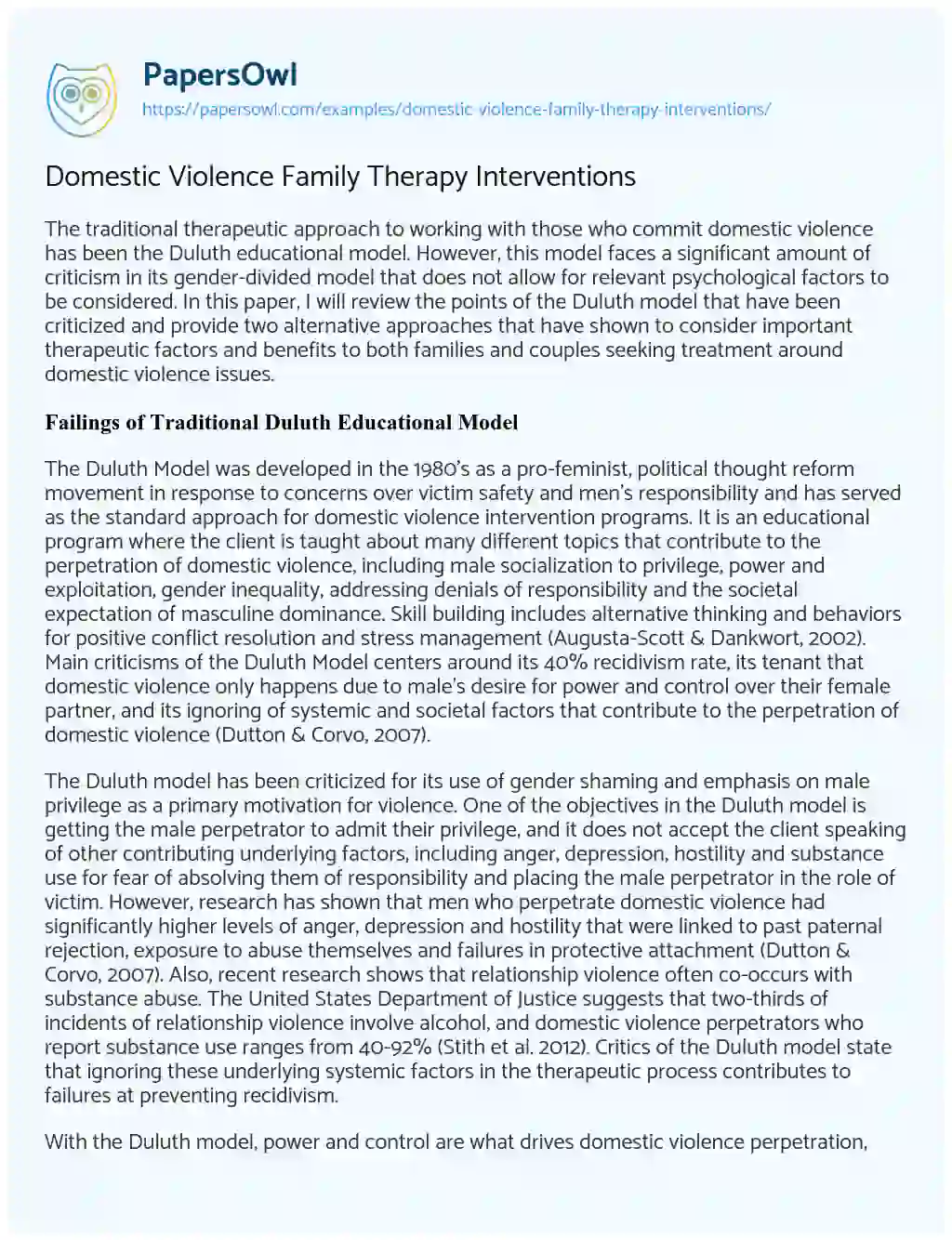 Essay on Domestic Violence Family Therapy Interventions