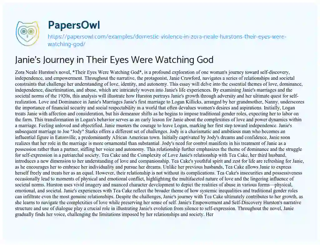 Essay on Domestic Violence in Zora Neale Hurston’s their Eyes were Watching God