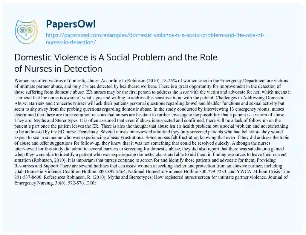 Essay on Domestic Violence is a Social Problem and the Role of Nurses in Detection