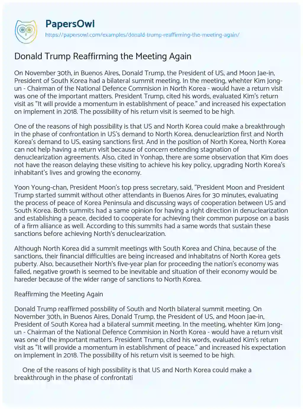 Essay on Donald Trump Reaffirming the Meeting again