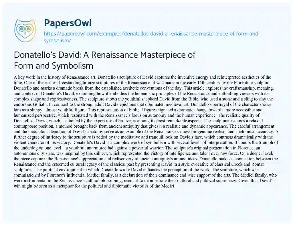 Essay on Donatello’s David: a Renaissance Masterpiece of Form and Symbolism