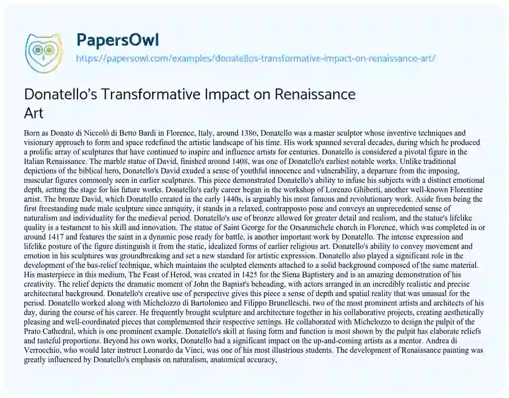 Essay on Donatello’s Transformative Impact on Renaissance Art