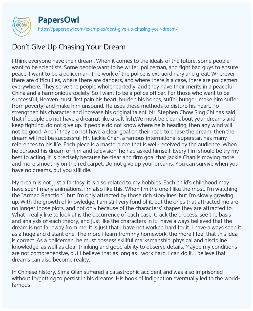 Essay on Don’t Give up Chasing your Dream