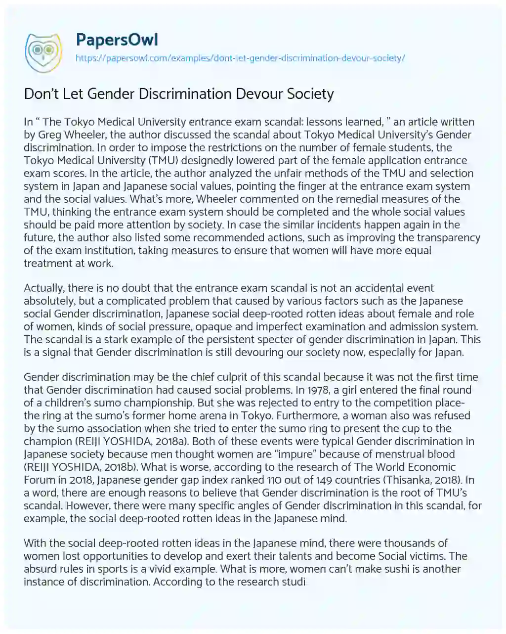 Don’t Let Gender Discrimination Devour Society essay