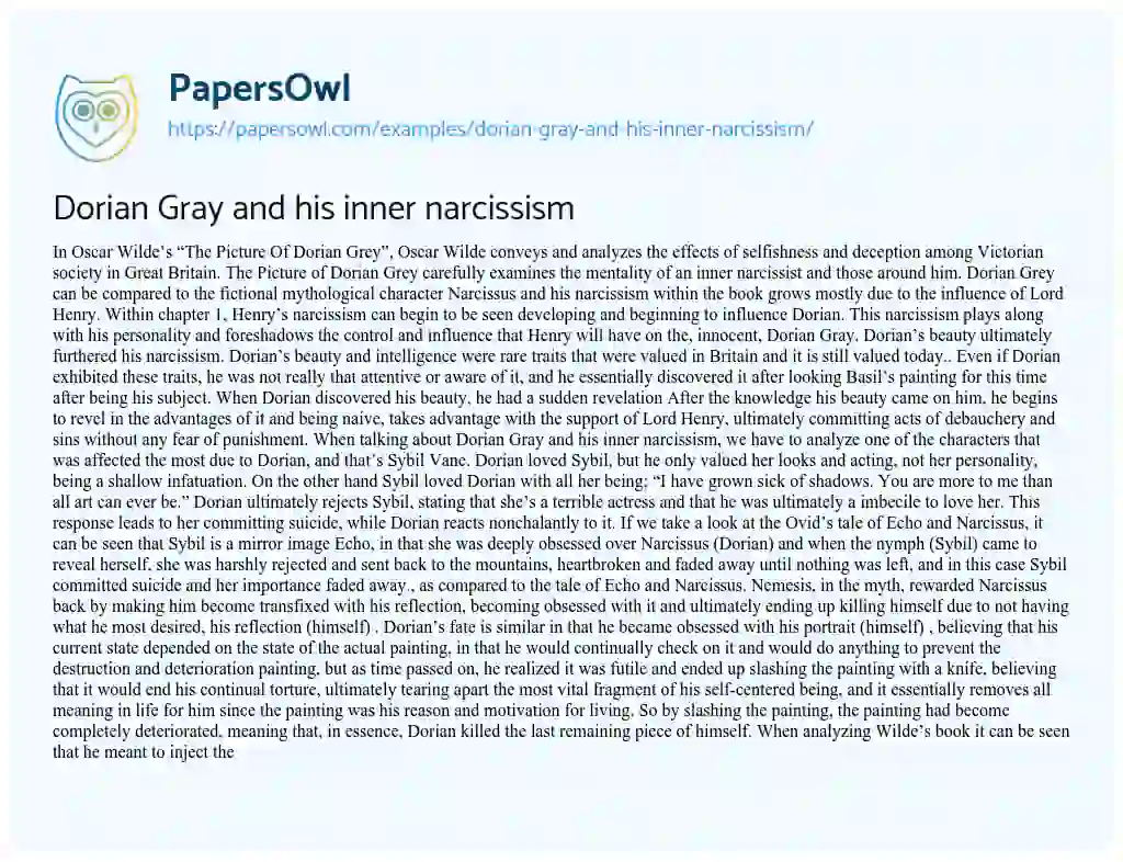 Essay on Dorian Gray and his Inner Narcissism